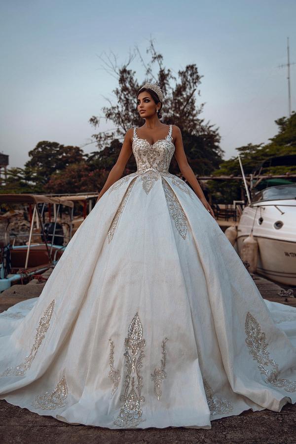 Gorgeous Long Ball Gown Sweetheart Glitter Sequins Satin Wedding Dress with Sweep Train