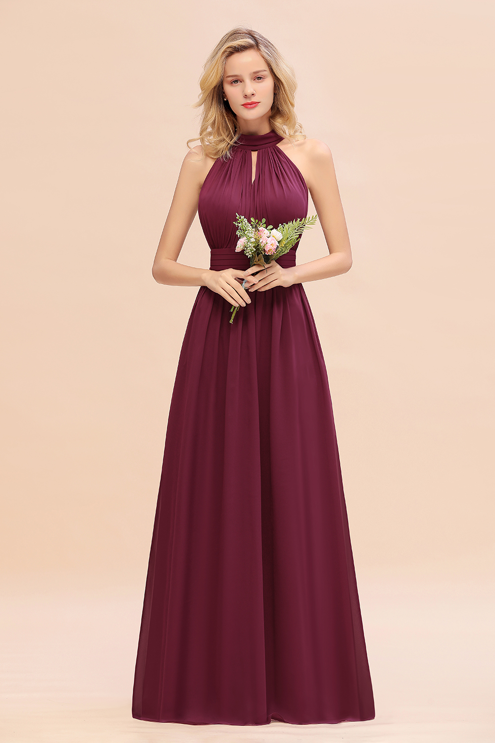 BM0758 Glamorous High-Neck Halter Bridesmaid Affordable Dresses with Ruffle