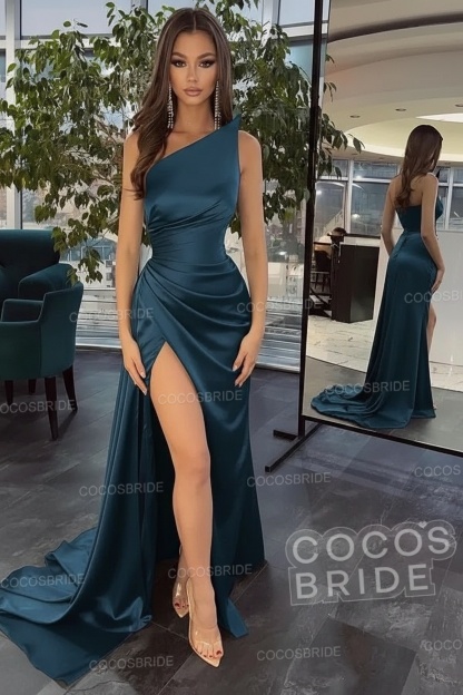 Elegant Black Long Mermaid One Shoulder Satin Prom Dress