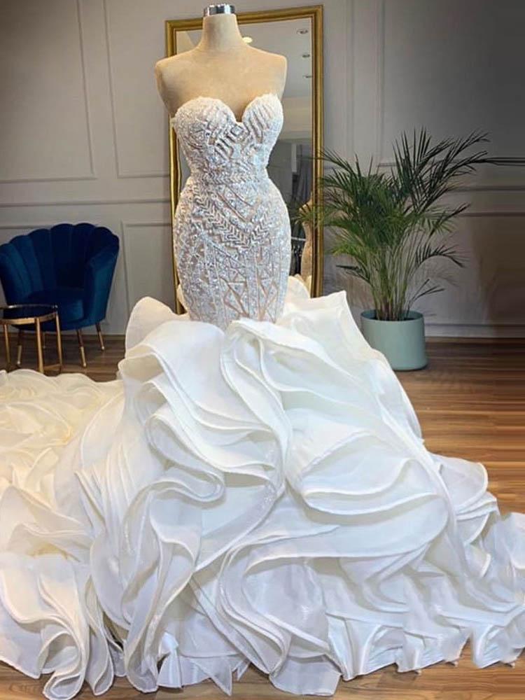 Elegant Sweetheart Lace Up Crystal Mermaid Wedding Dresses