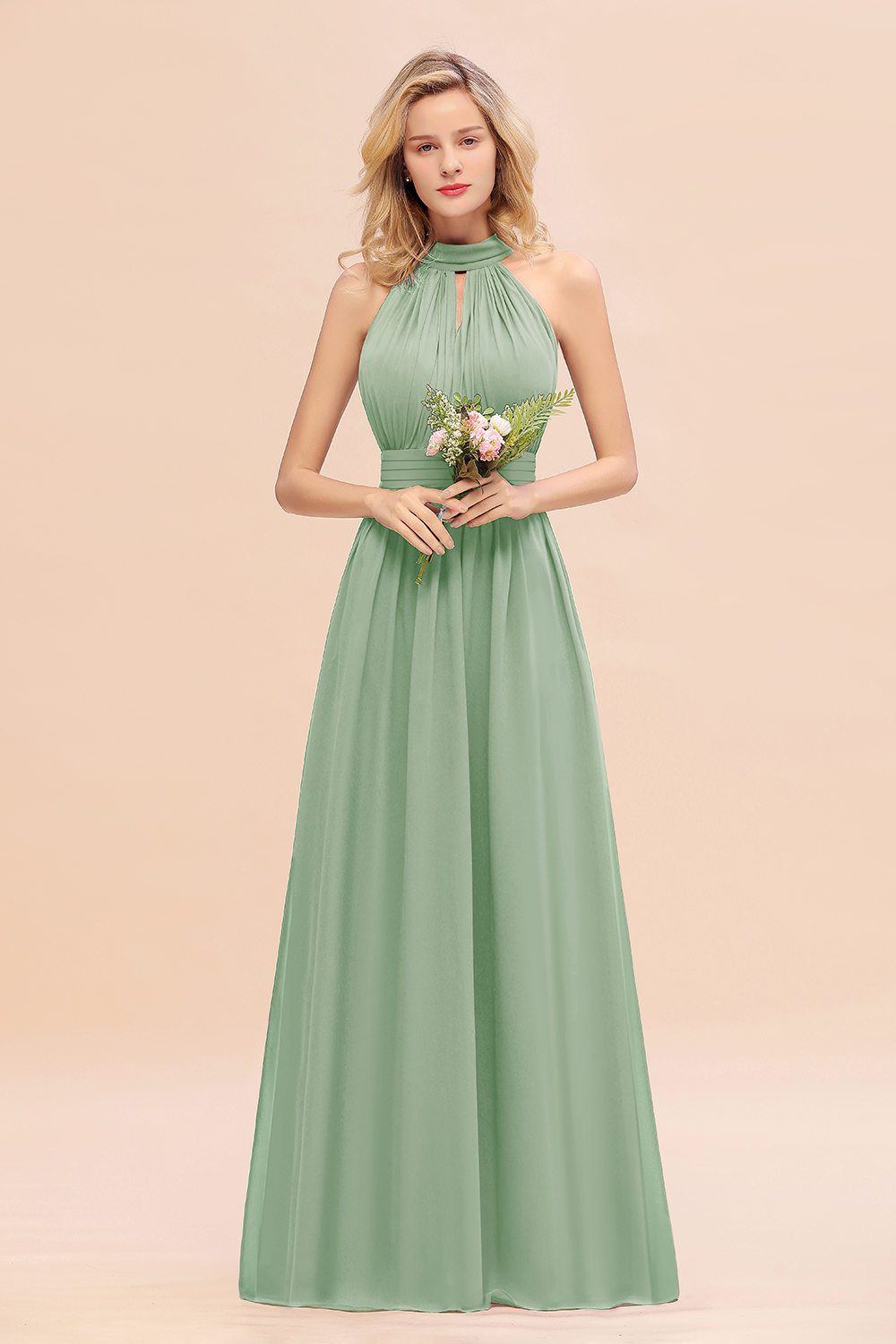 BM0758 Glamorous High-Neck Halter Bridesmaid Affordable Dresses with Ruffle