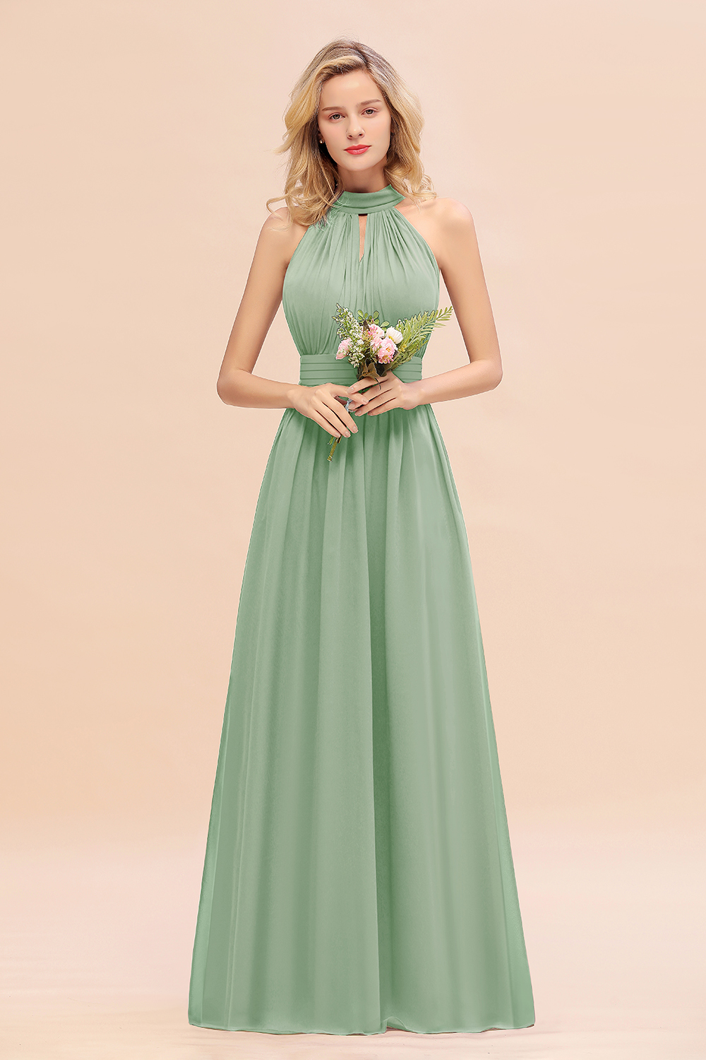 BM0758 Glamorous High-Neck Halter Bridesmaid Affordable Dresses with Ruffle