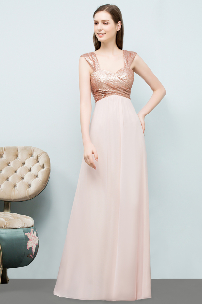 A-line Chiffon Sequins Straps Sweetheart Sleeveless Floor-Length Bridesmaid Dresses