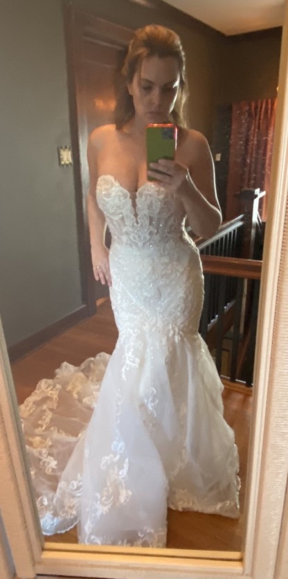 Long Lace Strapless Tulle Chapel Train Mermaid Wedding Dress