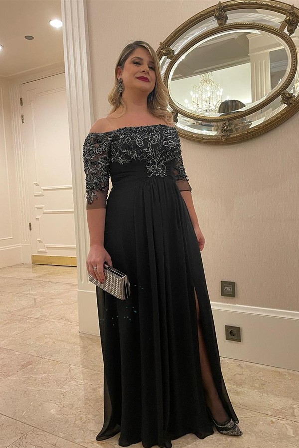 Charming Black Bateau A-line Off the Shoulder Chiffon Prom Dress