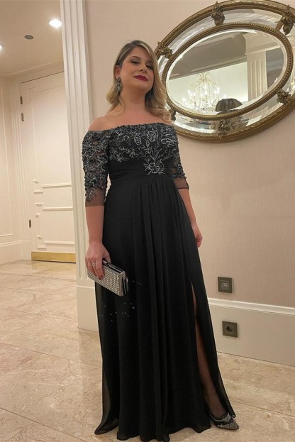Charming Black Bateau A-line Off the Shoulder Chiffon Prom Dress