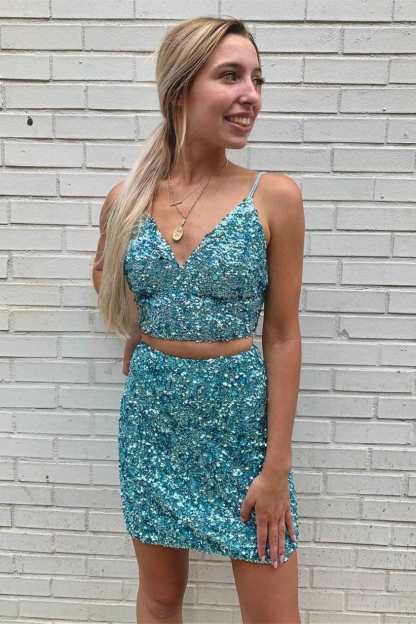Two Piece Pool Blue Sequins Short Homecoming Dress