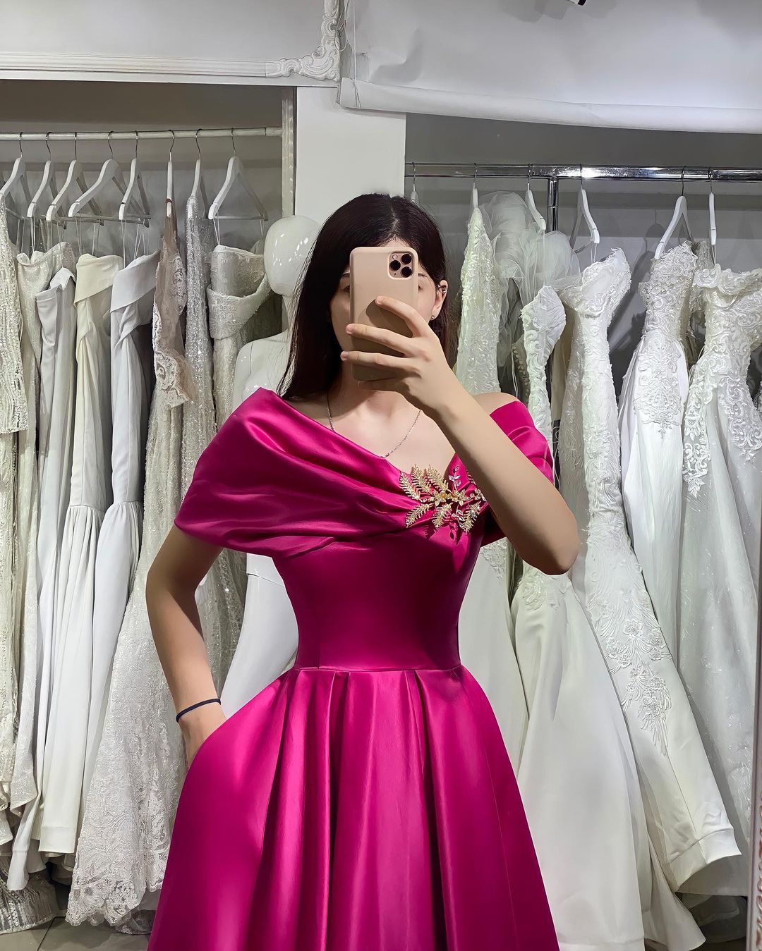 Long A-line Off-the-shoulder Satin Formal Evening Dress with Pockets