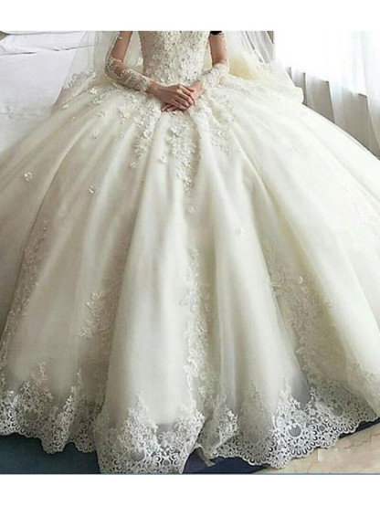 Ivory Long Ball Gown Sweetheart Tulle Lace Wedding Dresses with Sleeves