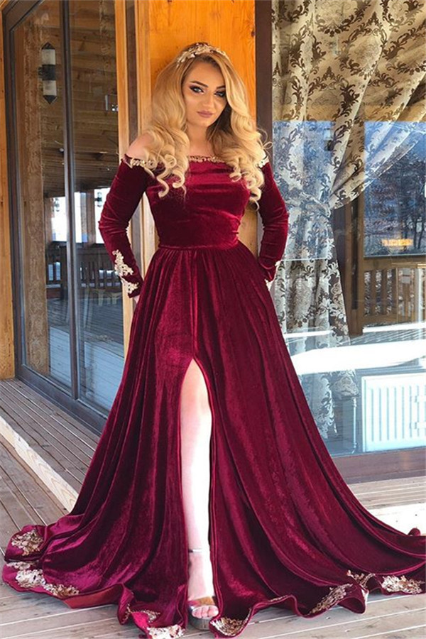 Long A-line Off the Shoulder Velvet Split Front Formal Evening Dress with Sleeves