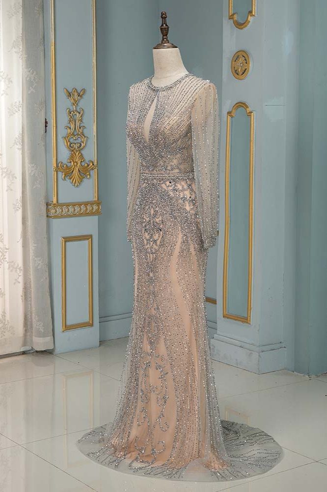 Long Sleeves Keyhole Bateau Mermaid Formal Evening Dress With Beading