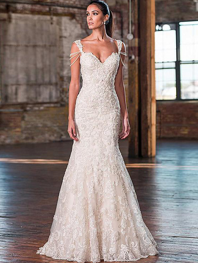 Elegant Long Mermaid Sweetheart Court Train Lace Tulle Spaghetti Strap Wedding Dresses