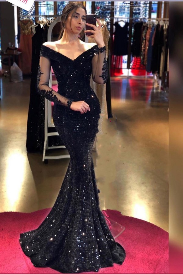 Balck Off the Shoulder Long Sleeve Appliques Lace Sequins Floor-length Mermaid Prom Dress