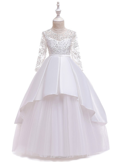 Princess Floor Length Wedding / Party / Pageant Flower Girl Dresses - Lace / Satin / Tulle Long Sleeve Jewel Neck With Lace / Belt / Crystals