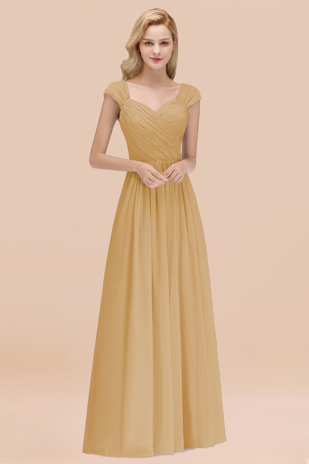 A-Line Chiffon Straps Sweetheart Sleeveless Floor-Length Bridesmaid Dress with Ruffles