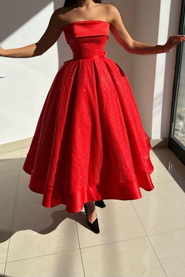 Elegant Red A-line Strapless Sequined Sleeveless Tea-length Prom Dresses
