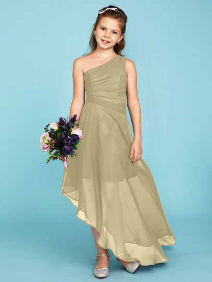 A-Line One Shoulder Asymmetrical Chiffon Junior Bridesmaid Dress With Side Draping / Wedding Party