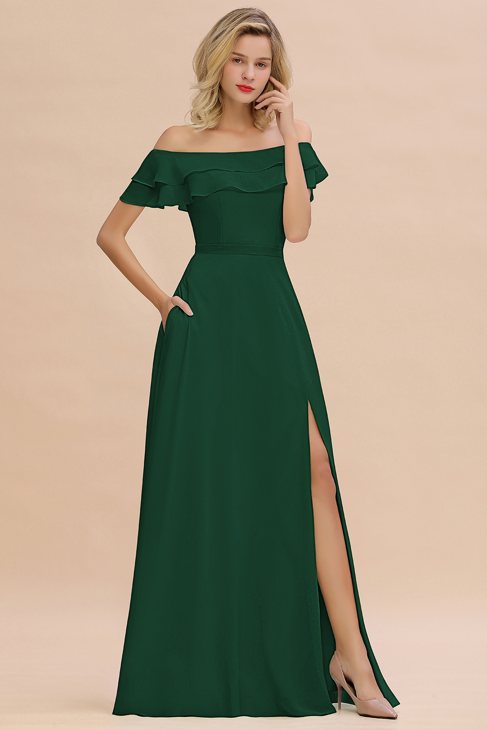 Off-the-Shoulder Front Slit Mint Green Long Bridesmaid Dress