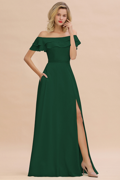 Off-the-Shoulder Front Slit Mint Green Long Bridesmaid Dress