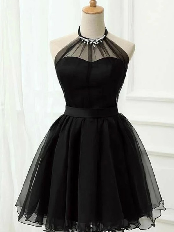 A-Line Tulle Ruffles Halter Sleeveless Short Prom Dresses