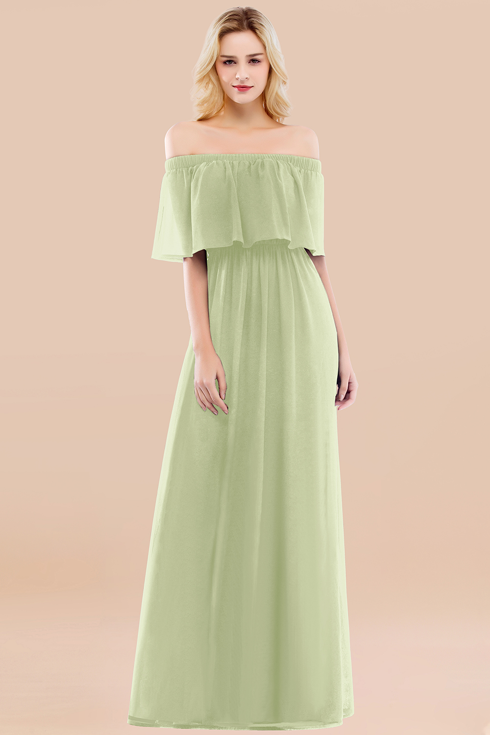 A-line Chiffon Off-the-Shoulder Short-Sleeves Ruffles Floor-length Bridesmaid Dress