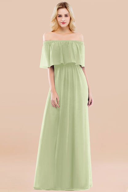 A-line Chiffon Off-the-Shoulder Short-Sleeves Ruffles Floor-length Bridesmaid Dress