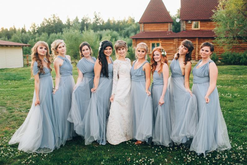 Elegant A-line Multiway Tulle Floor-length Backless Bridesmaid Dresses