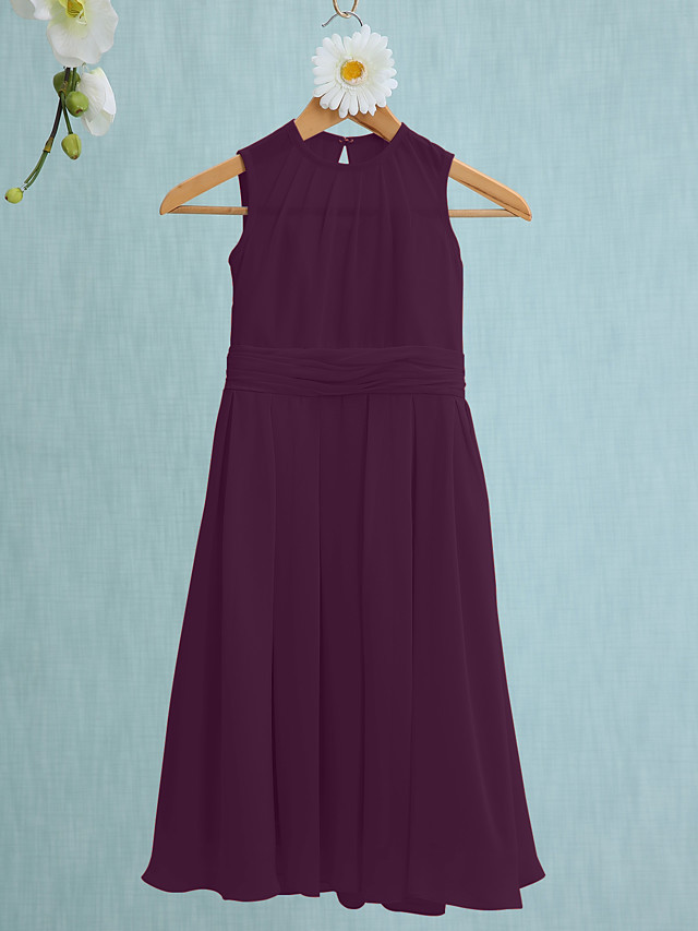 Sky Blue Long A-line Jewel Neck Knee Length Chiffon Junior Bridesmaid Dress