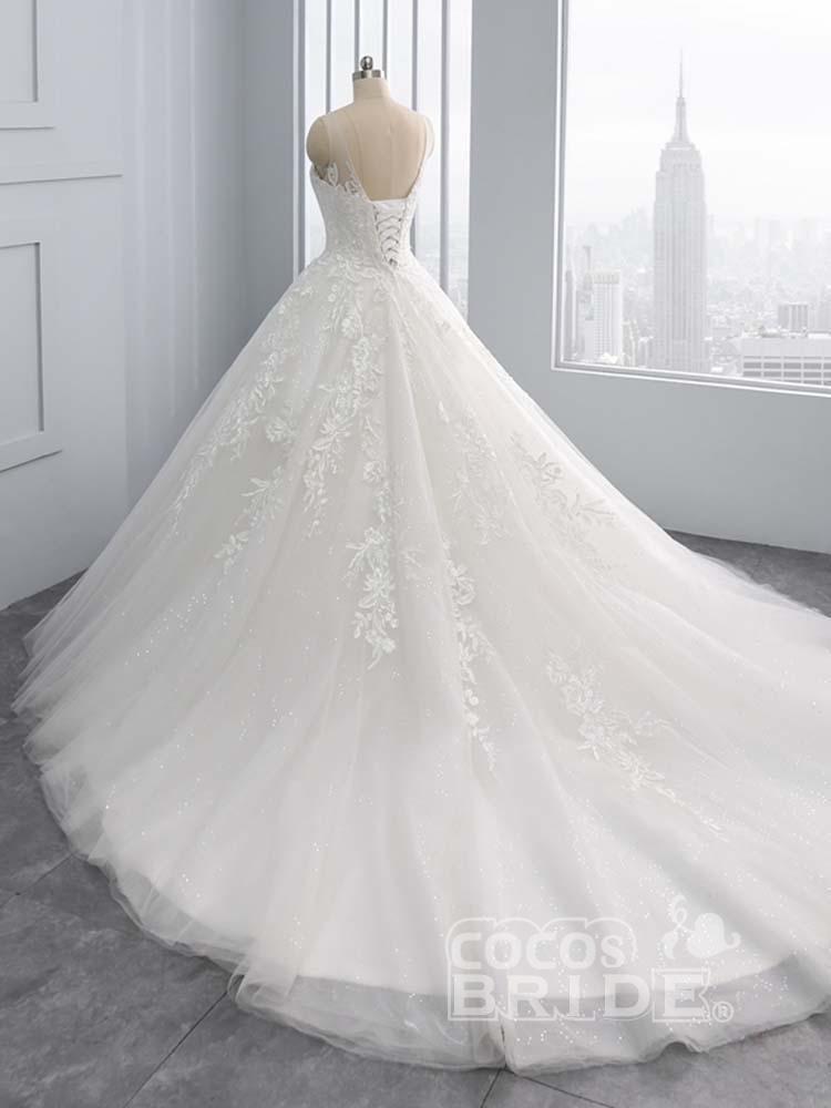 Gorgeous Ivory Long Tulle Lace-Up Sweep Train Ball Gown Wedding Dresses