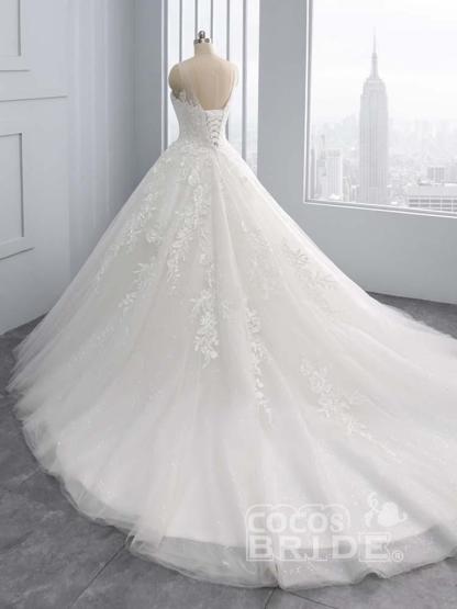 Gorgeous Ivory Long Tulle Lace-Up Sweep Train Ball Gown Wedding Dresses