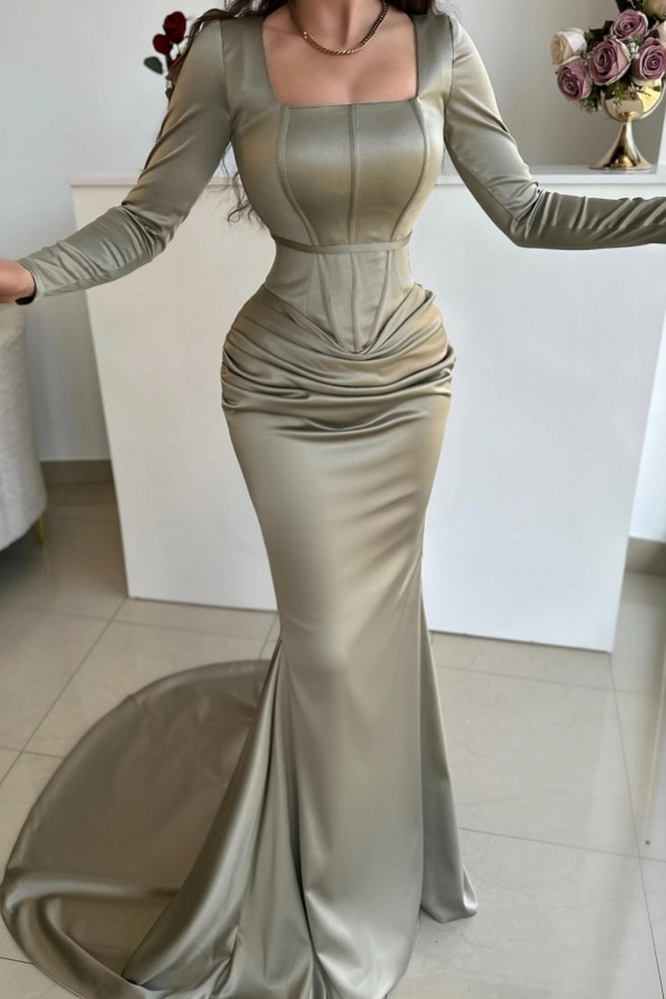 Elegant Long Mermaid Square Neckline Satin Prom Dress with Sleeves