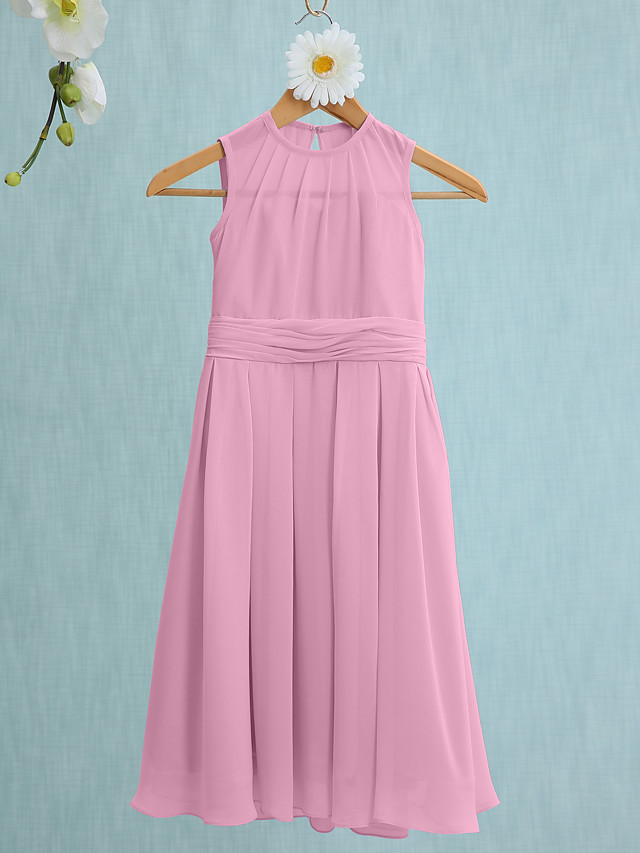 Sky Blue Long A-line Jewel Neck Knee Length Chiffon Junior Bridesmaid Dress