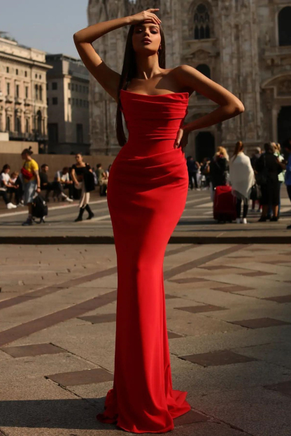 Elegant Red Long Mermaid Strapless Evening Prom Dresses