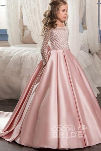 White Scoop Neck Long Sleeves Ball Gown Flower Girls Dress