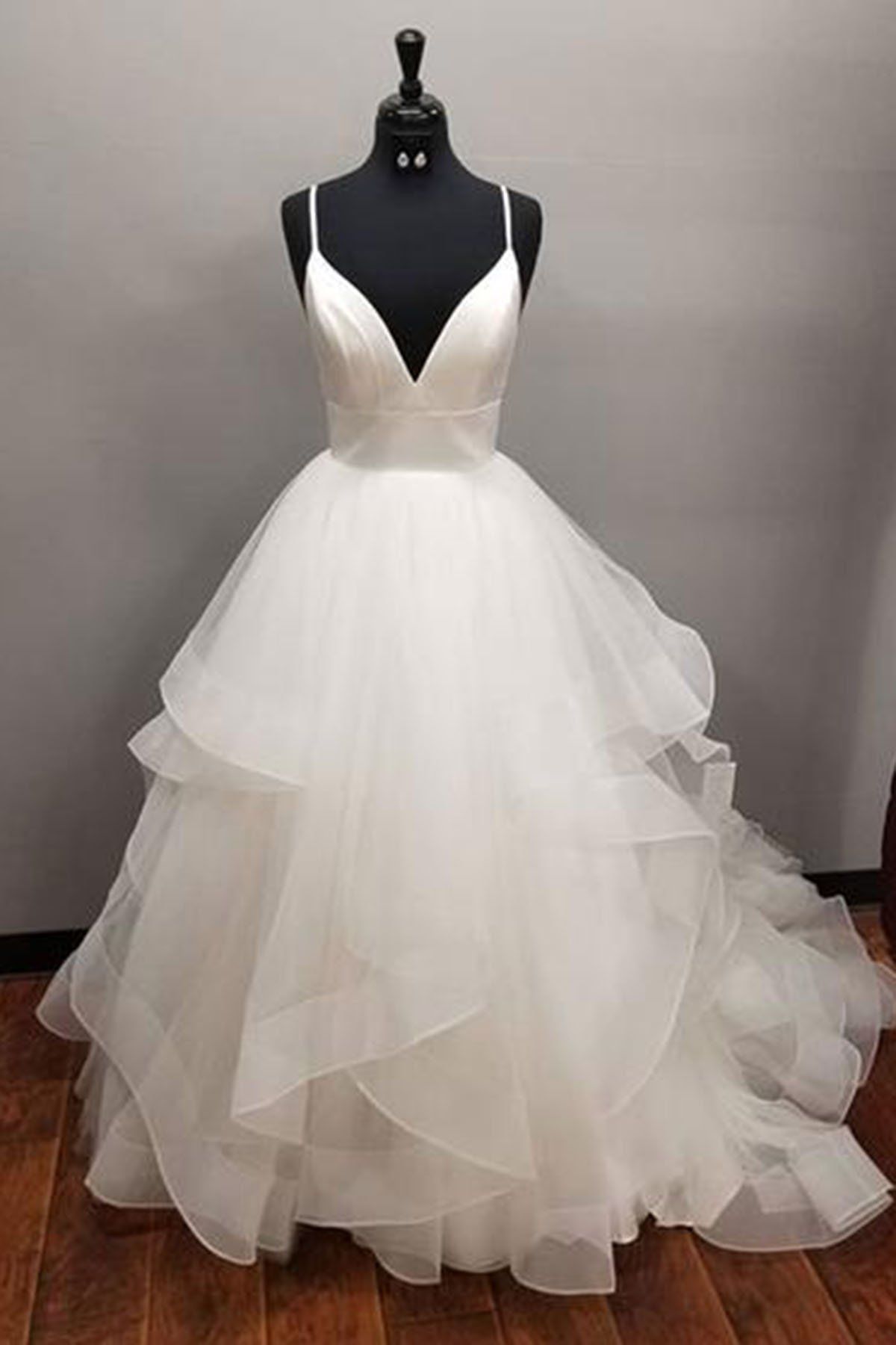 Long Multi-layered A-line White Tulle V-neck Wedding Dress