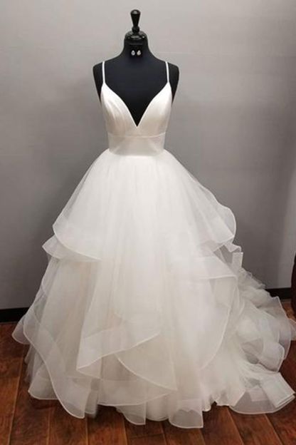 Long Multi-layered A-line White Tulle V-neck Wedding Dress