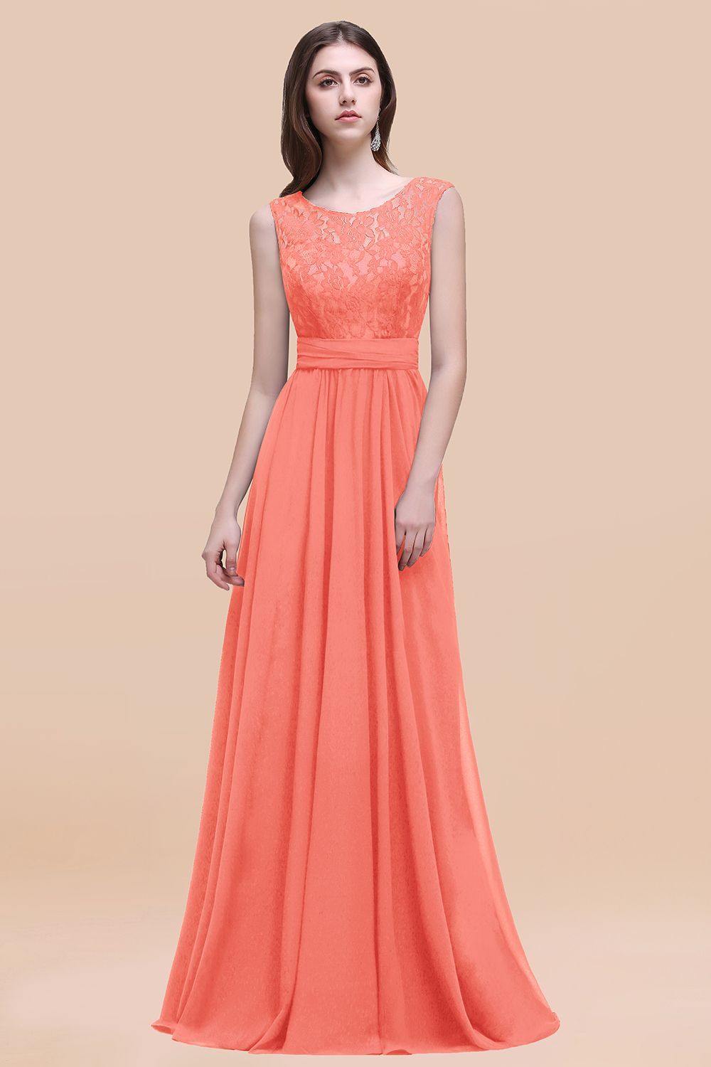 Elegant A-line Chiffon Lace Scoop Sleeveless Floor-Length Bridesmaid Dress