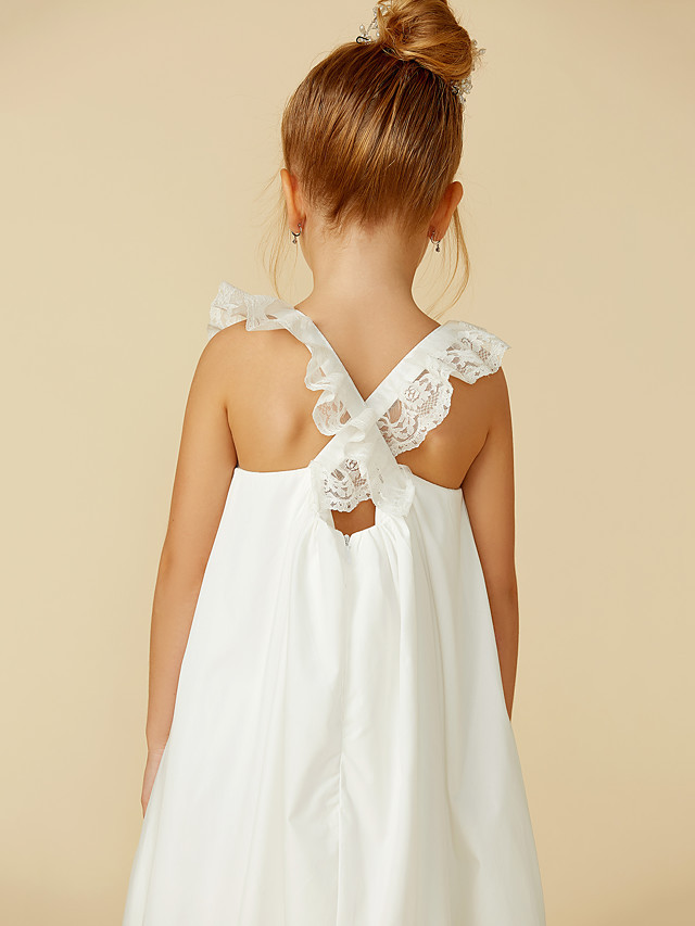 A-Line Ankle Length Wedding / First Communion Flower Girl Dresses - Lace / Cotton Sleeveless Straps With Pleats