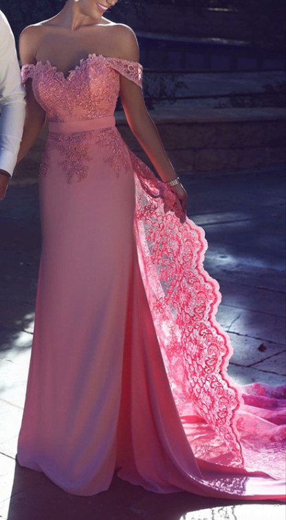 Chic Long A-Line Off-the-Shoulder Lace Prom Dresses