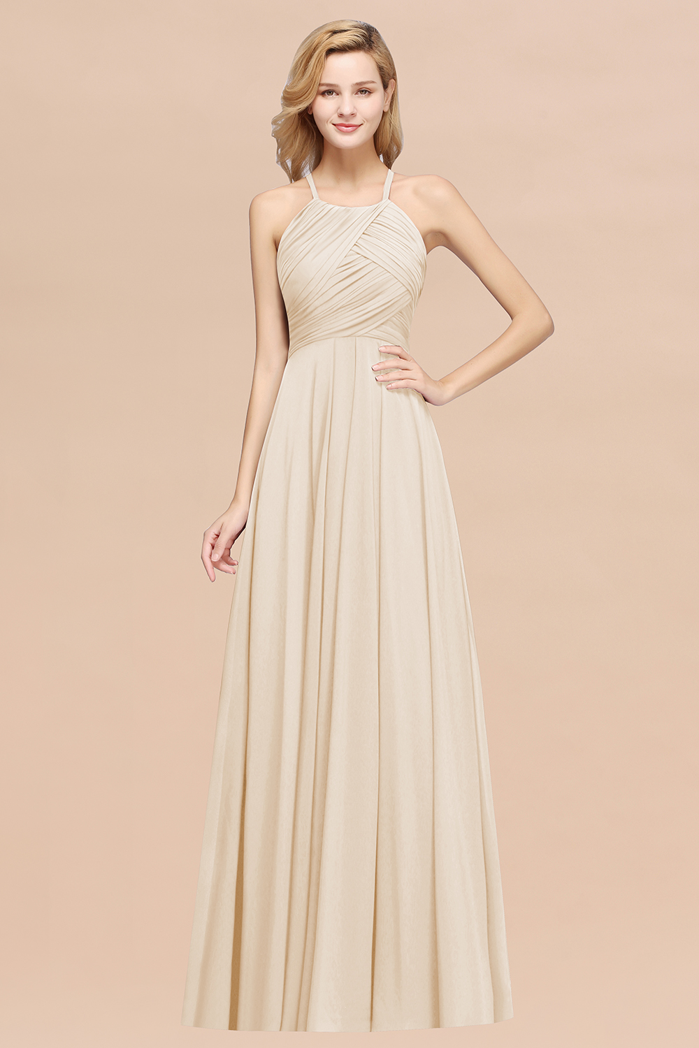 A-Line Chiffon Halter Ruffles Floor-Length Bridesmaid Dress
