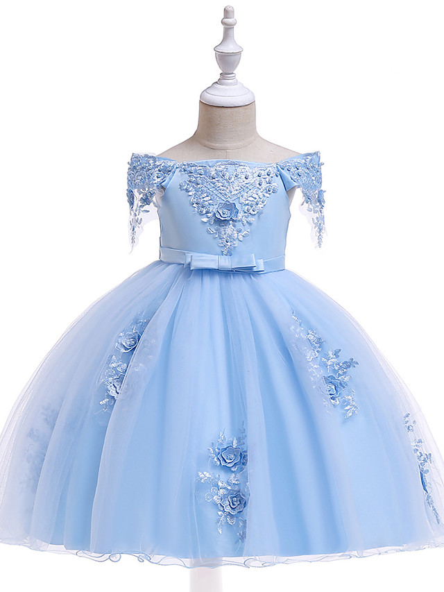 Princess Above Knee Wedding / Party / Pageant Flower Girl Dresses - Satin / Tulle Short Sleeve Off Shoulder With Lace / Beading / Appliques