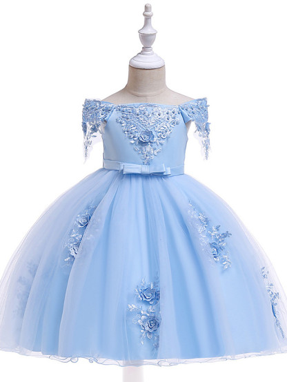 Princess Above Knee Wedding / Party / Pageant Flower Girl Dresses - Satin / Tulle Short Sleeve Off Shoulder With Lace / Beading / Appliques
