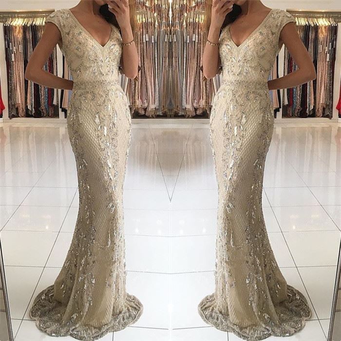 Glamorous Deep V-neck Wide Straps Beading Floor-length Mermaid Prom Dress