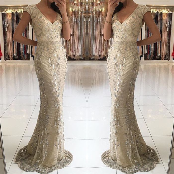 Glamorous Deep V-neck Wide Straps Beading Floor-length Mermaid Prom Dress