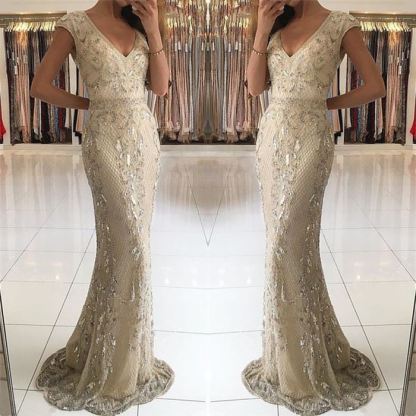 Glamorous Deep V-neck Wide Straps Beading Floor-length Mermaid Prom Dress