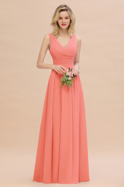 Elegant A-line V-Neck Ruffles Long Bridesmaid Dress