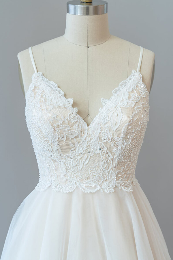 Long Sweetheart Spaghetti Strap Lace Tulle A-line Wedding Dress