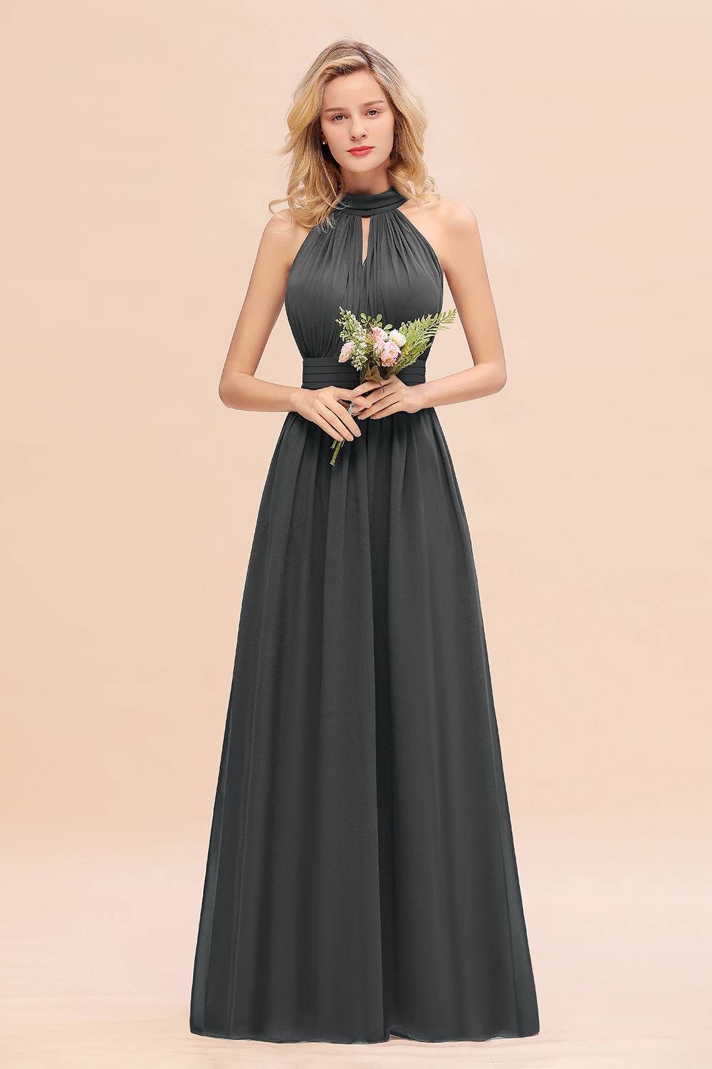 BM0758 Glamorous High-Neck Halter Bridesmaid Affordable Dresses with Ruffle