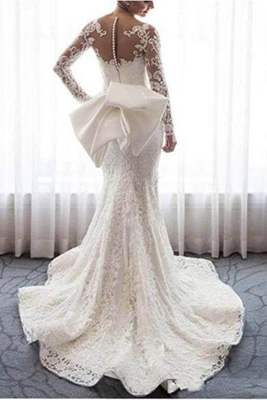 Gorgeous Long Sleeves Lace Tulle Mermaid Wedding Dress with Bowknot