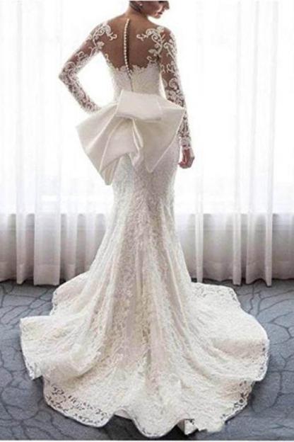 Gorgeous Long Sleeves Lace Tulle Mermaid Wedding Dress with Bowknot